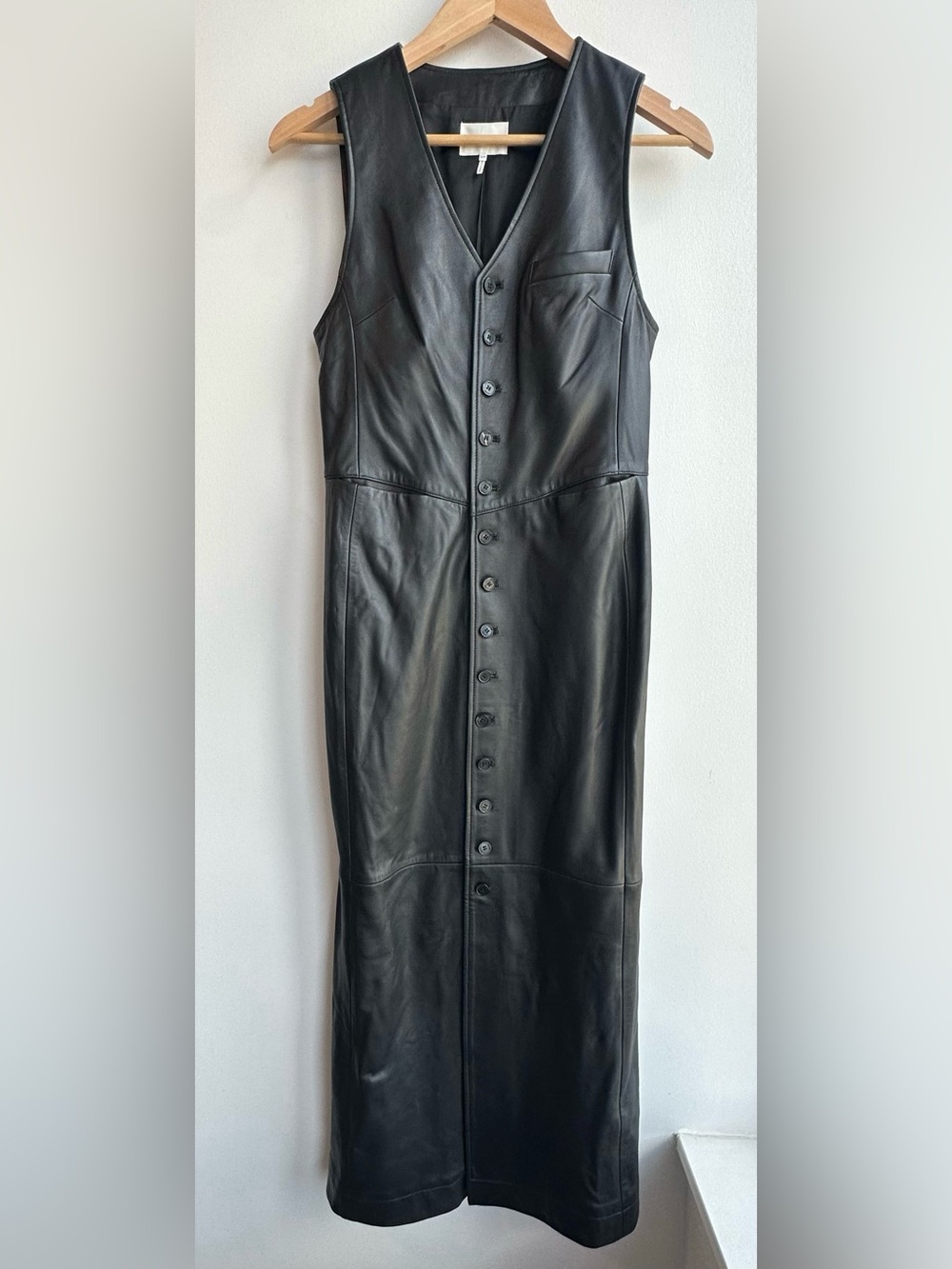 Frame Sleeveless Black Leather Button-Front MIDI Dress Size S - It has pockets!